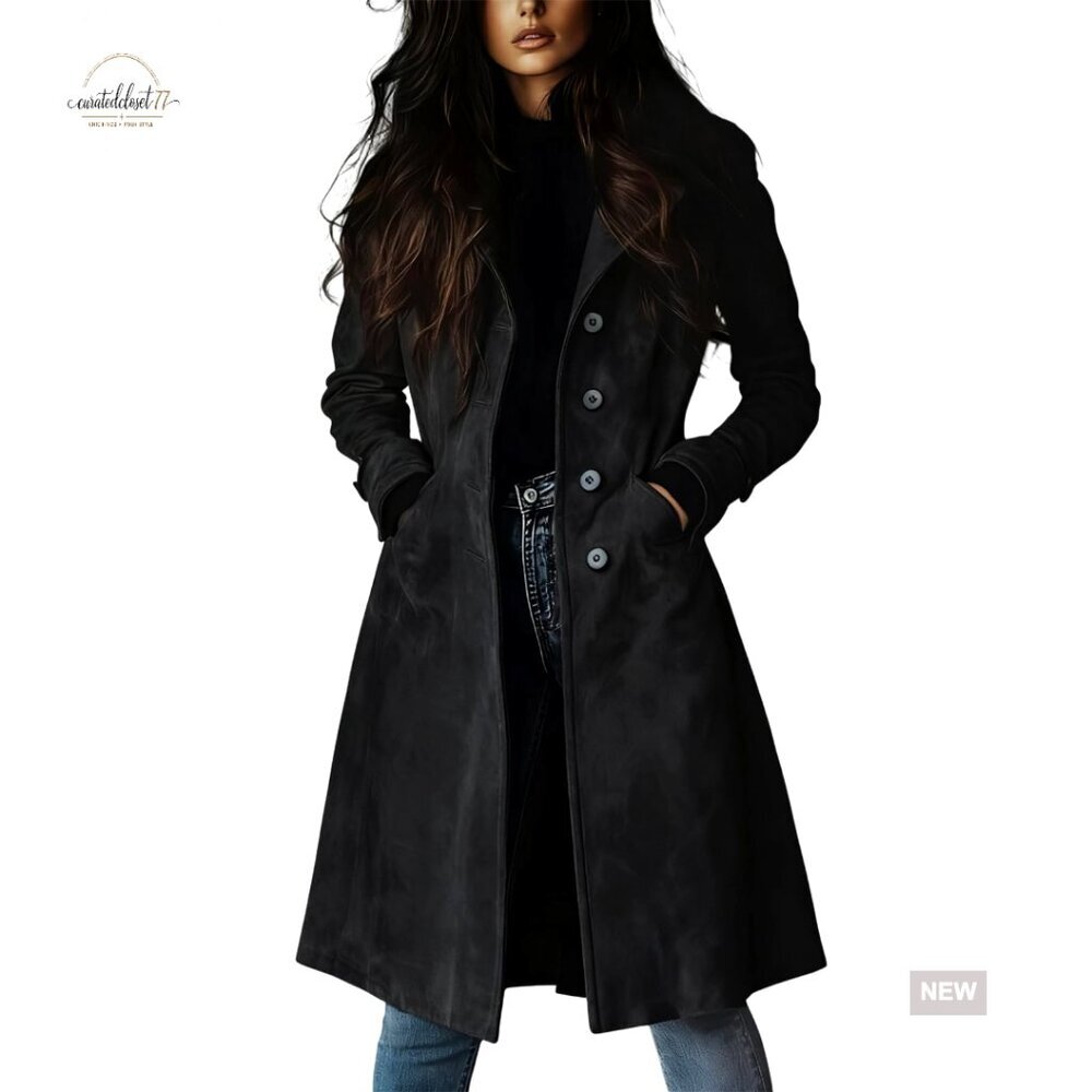 Faux Suede Trench Coat Slim Fit Elegant Classic Long Overcoat Button Closure